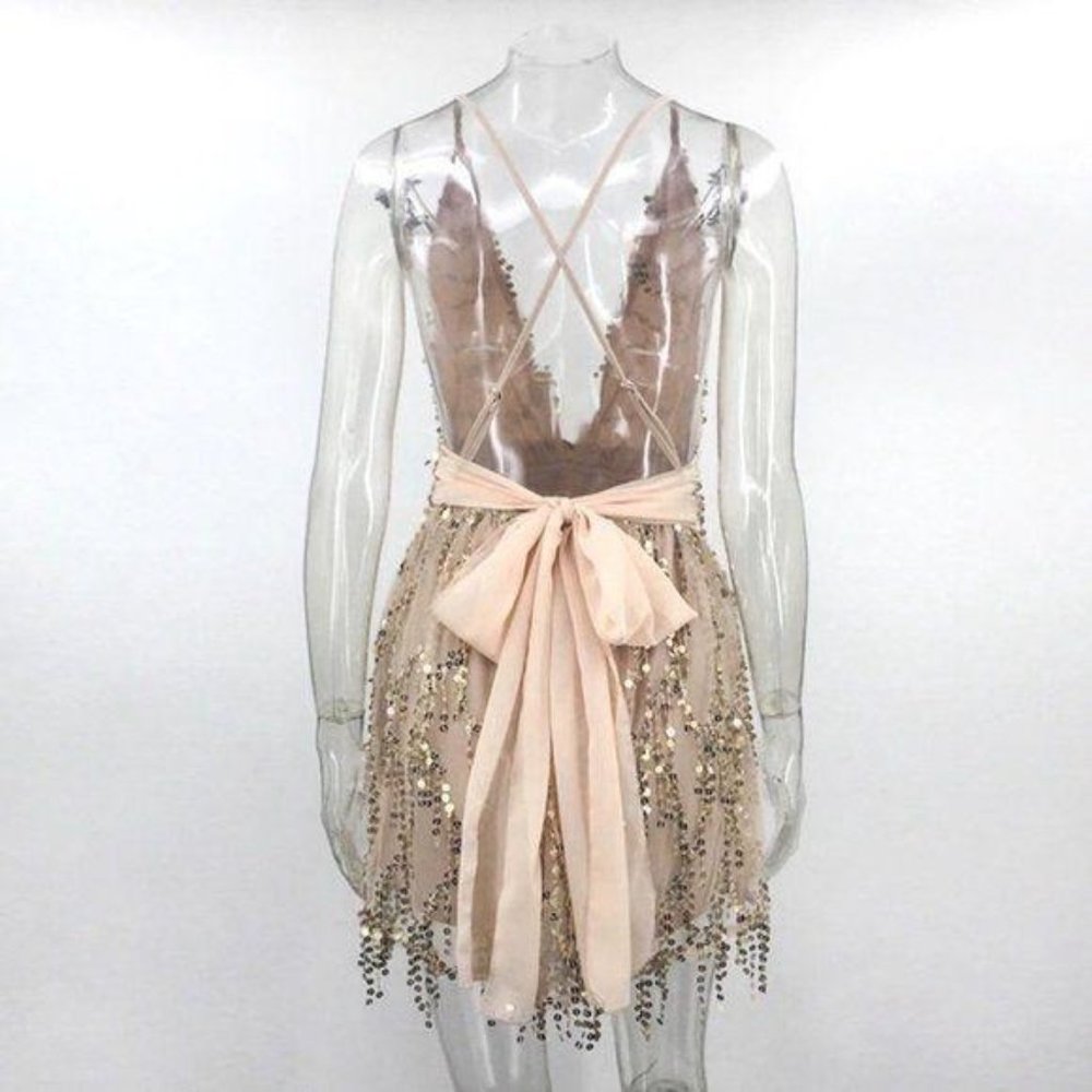 Gold Sequin Embellished Backless Mini A-line Dress - Picture 6 of 7